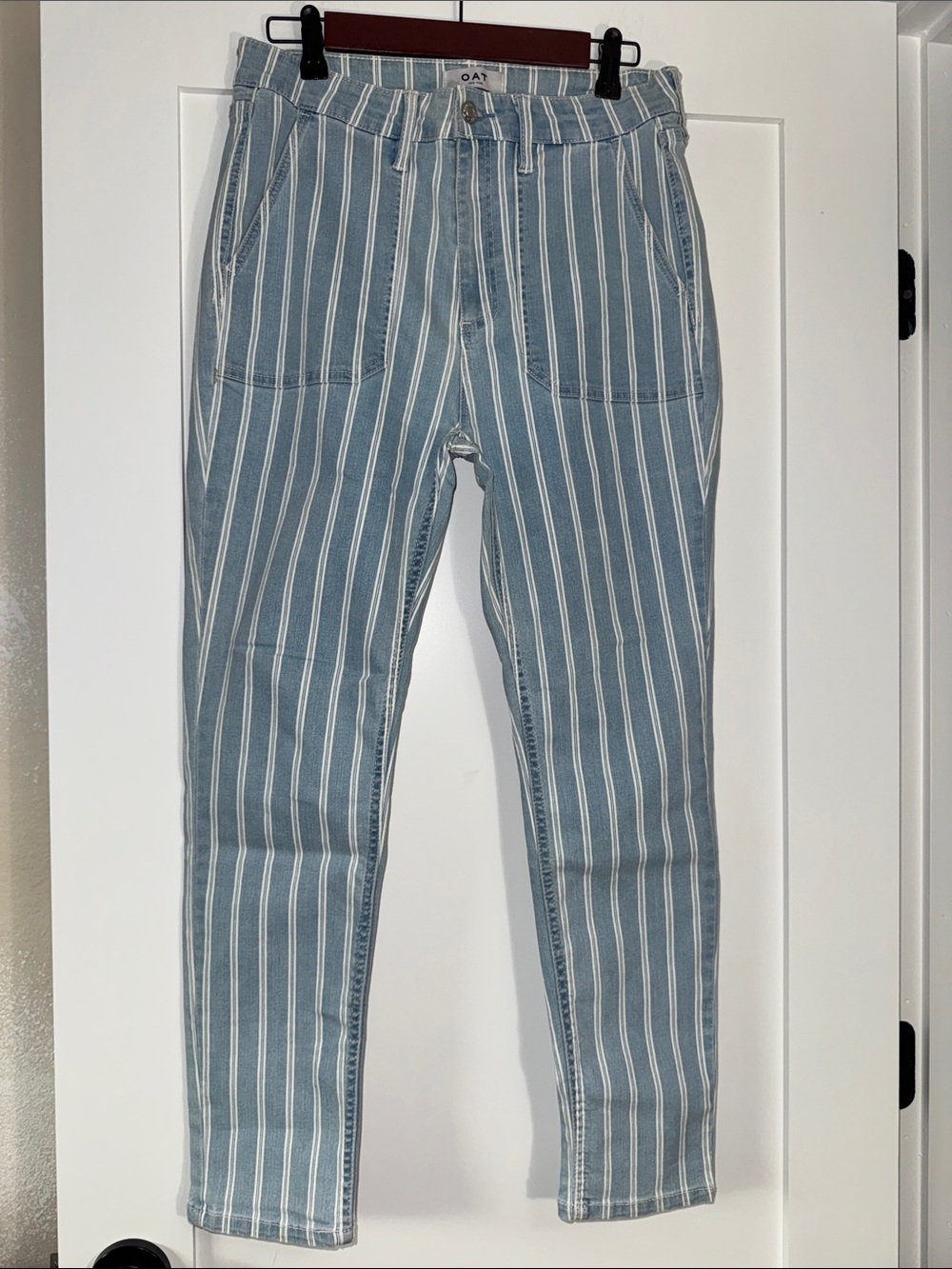 OAT High Rise Skinny Ankle Striped Blue Denim Tapered Pants Sz 30 26” inseam